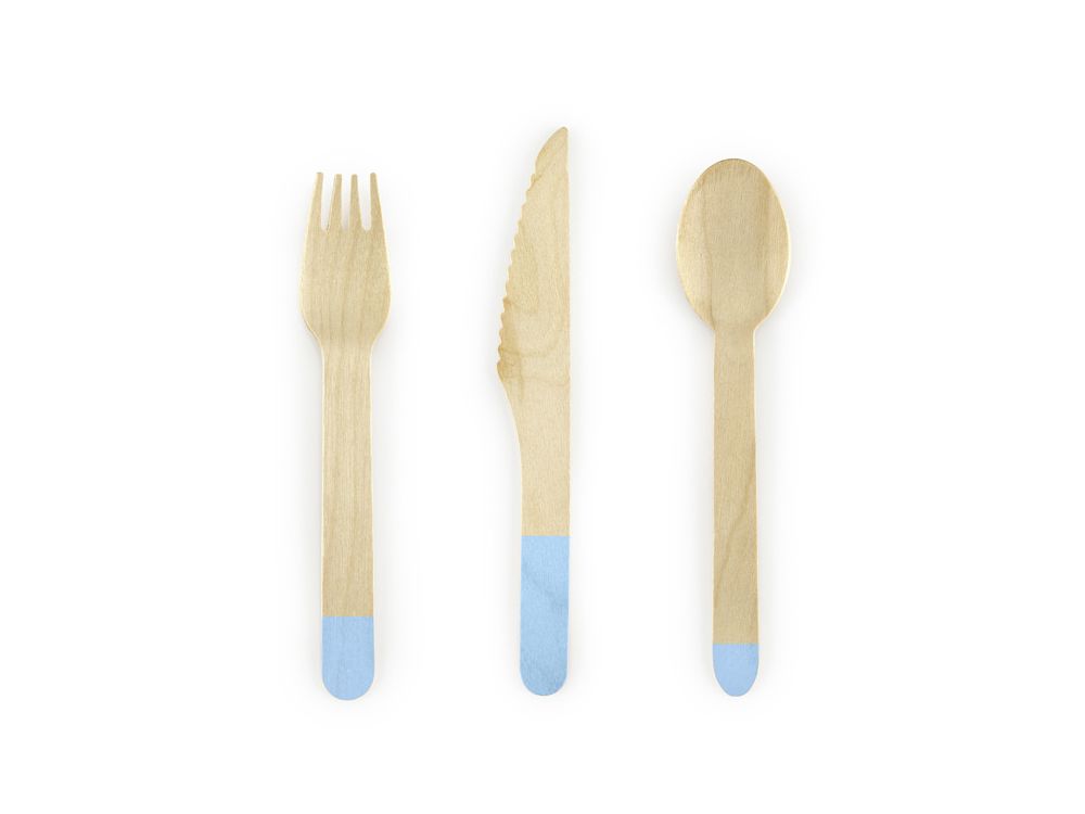 Wooden disposable cutlery - PartyDeco - light blue, 18 elements