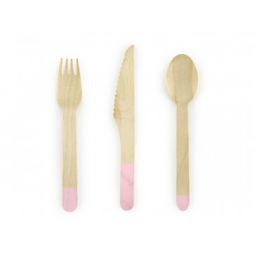 Wooden disposable cutlery - PartyDeco - light pink, 18 pcs.