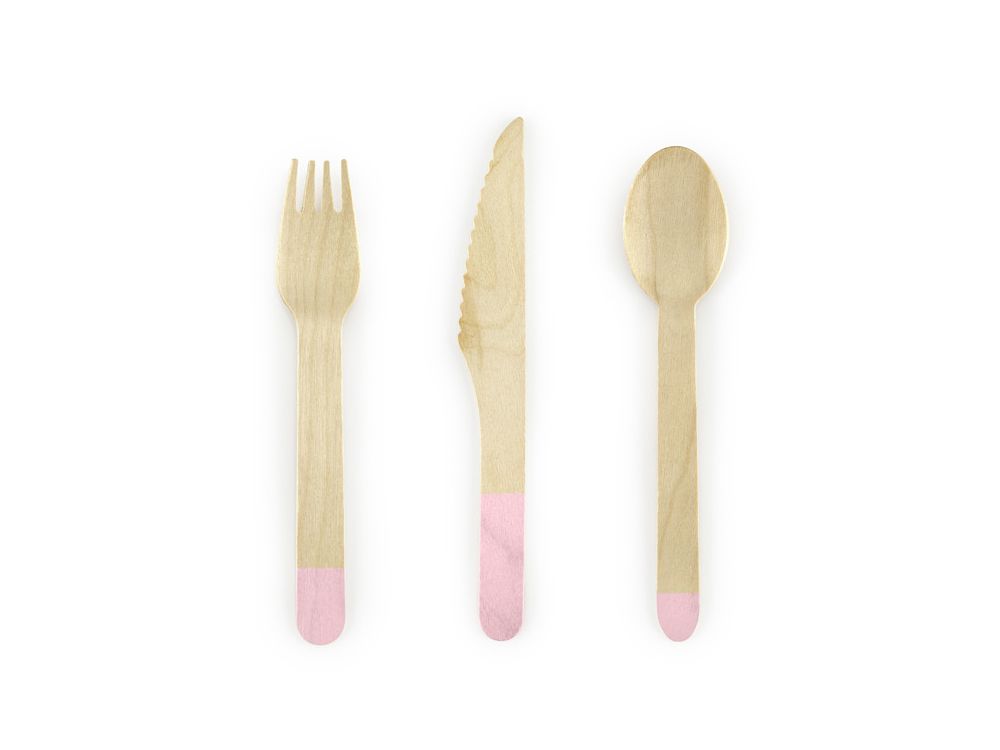 Wooden disposable cutlery - PartyDeco - light pink, 18 elements