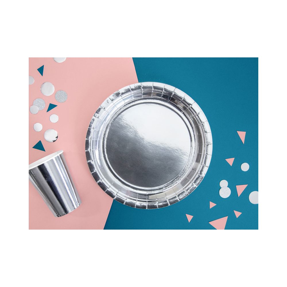 Paper plates - PartyDeco - silver, metallized, 23 cm, 6 pcs.