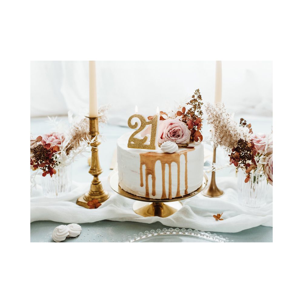 Świeczka urodzinowa liczba 21 - PartyDeco - brokatowa, złota