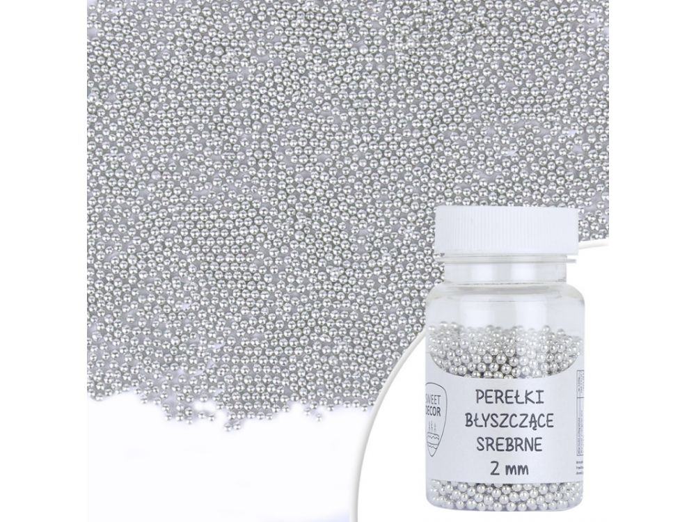Sugar sprinkles - pearls, shiny, silver, 2 mm, 40 g