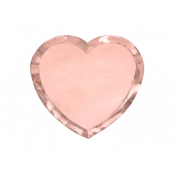 Paper plates - PartyDeco - hearts, rose gold, 21 x 19 cm, 6 pcs.