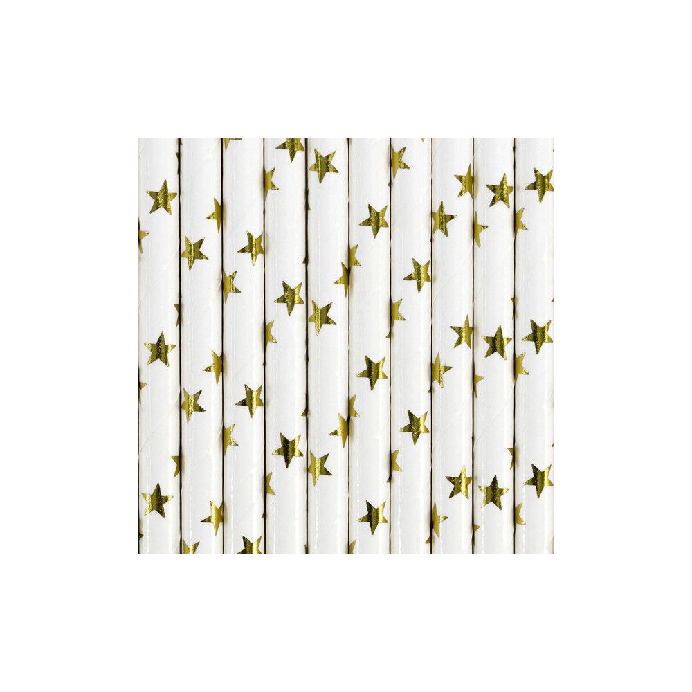 Słomki papierowe - PartyDeco - białe, złote gwiazdki, 19,5 cm, 10 szt.