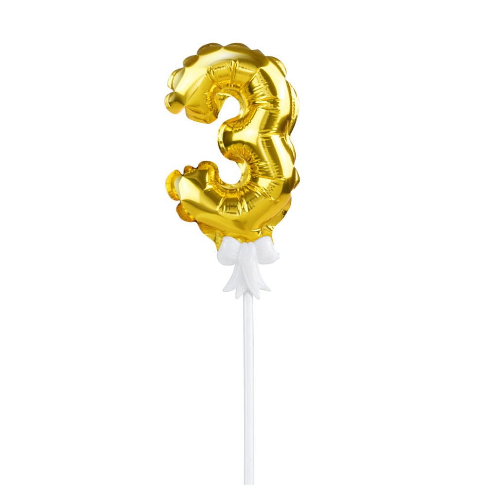 Balonik urodzinowy na tort - Party Time - liczba 3, złoty, 12,5 cm