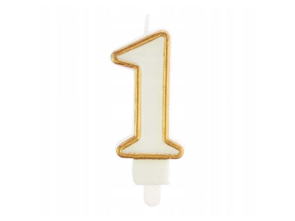 Birthday Candle number 1 - Party Time - white, gold frame