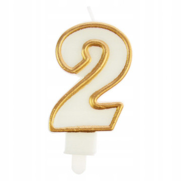 Birthday Candle number 2 - Party Time - white, gold frame