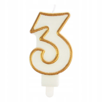 Birthday Candle number 3 - Party Time - white, gold frame