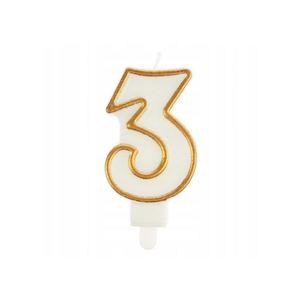 Birthday Candle number 3 - Party Time - white, gold frame