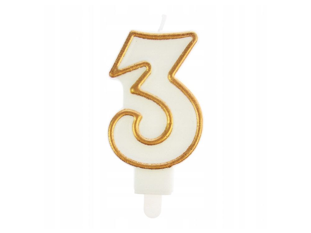 Birthday Candle number 3 - Party Time - white, gold frame