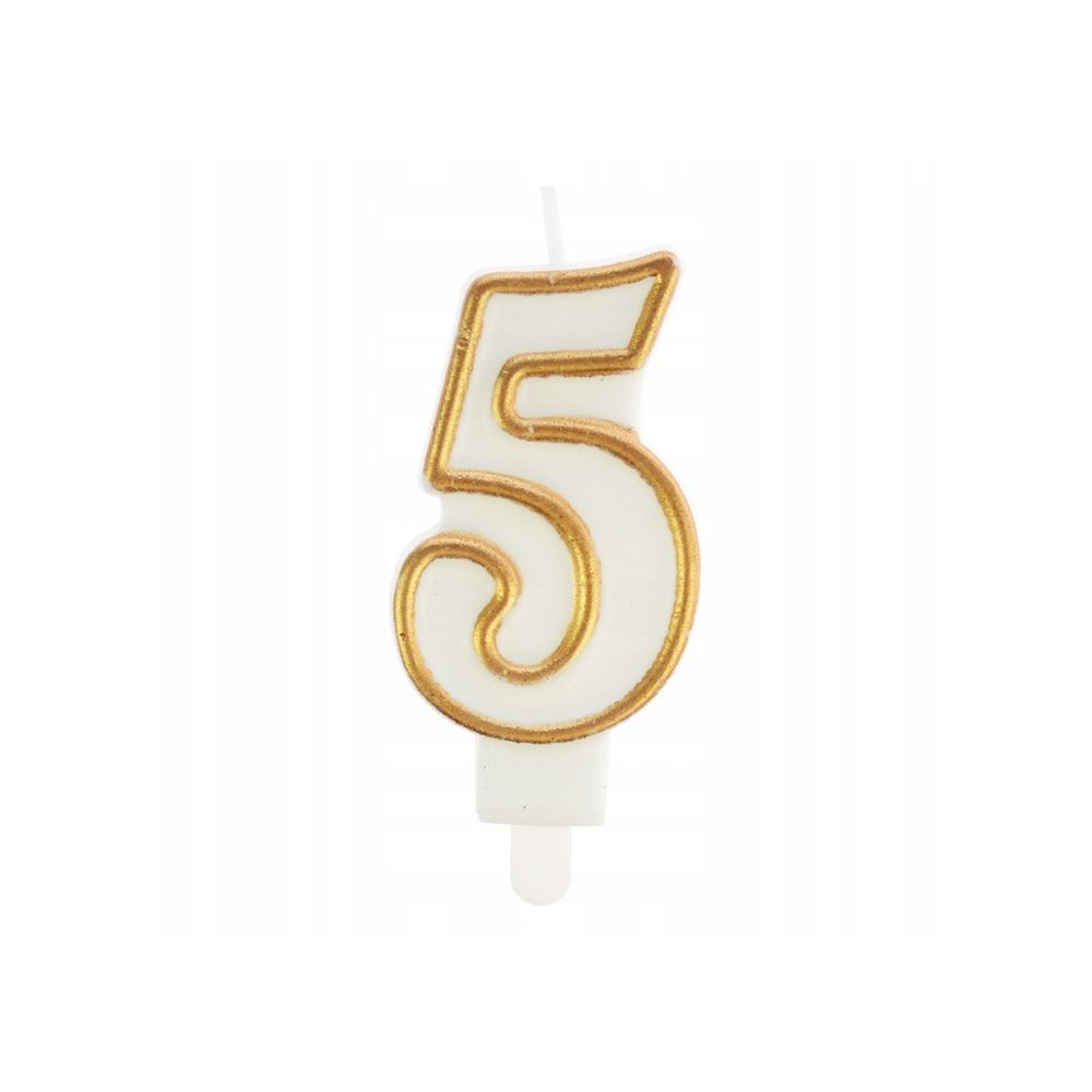 Birthday Candle number 5 - Party Time - white, gold frame