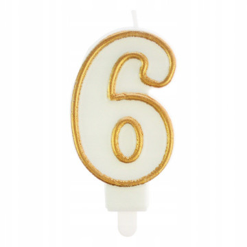 Birthday Candle number 6 - Party Time - white, gold frame