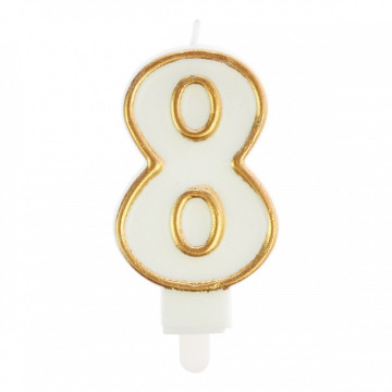 Birthday Candle number 8 - Party Time - white, gold frame