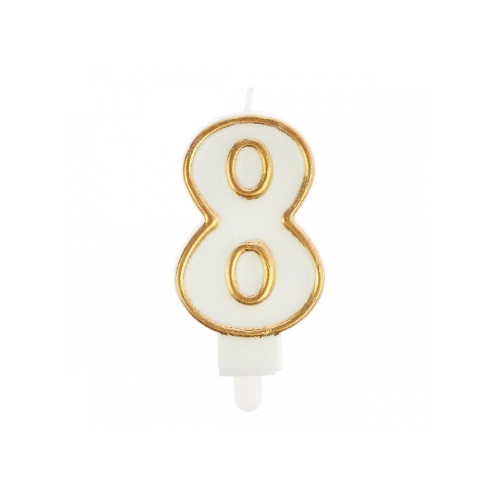 Birthday Candle number 8 - Party Time - white, gold frame