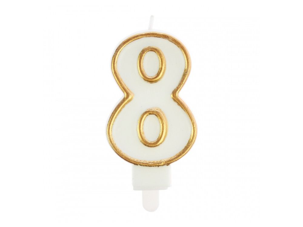 Birthday Candle number 8 - Party Time - white, gold frame