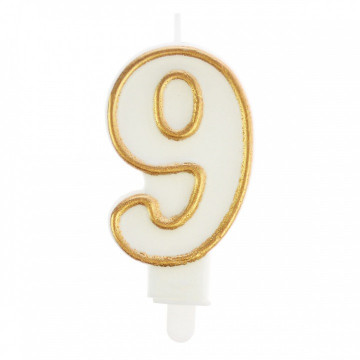 Birthday Candle number 9 - Party Time - white, gold frame