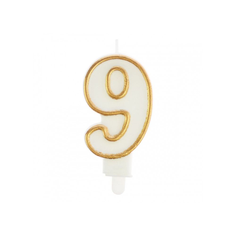 Birthday Candle number 9 - Party Time - white, gold frame