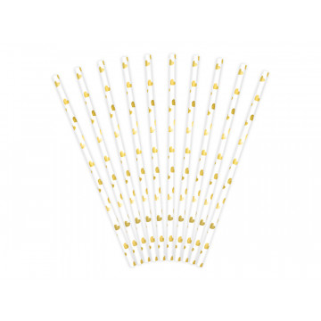 Paper straws - PartyDeco - white, gold hearts, 19.5 cm, 10 pcs.