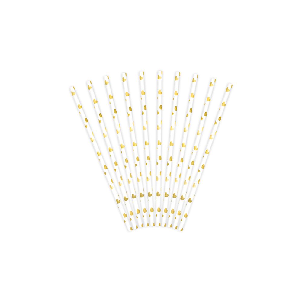 Słomki papierowe - PartyDeco - białe, złote serca, 19,5 cm, 10 szt.