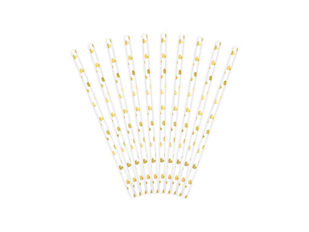 Paper straws - PartyDeco - white, gold hearts, 19.5 cm, 10 pcs.