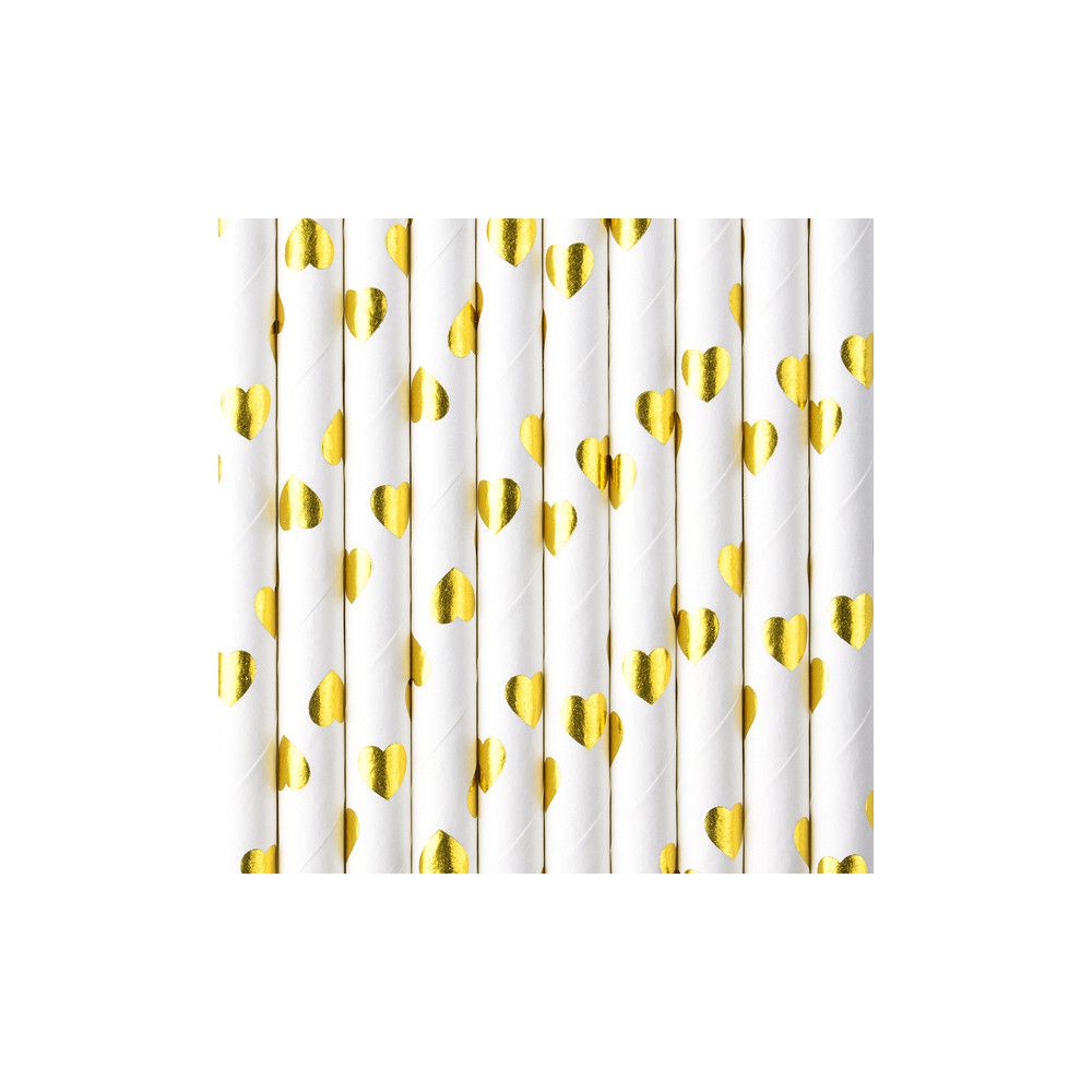 Paper straws - PartyDeco - white, gold hearts, 19.5 cm, 10 pcs.