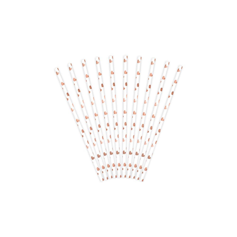 Słomki papierowe - PartyDeco - białe, różowo-złote serca, 19,5 cm, 10 szt.