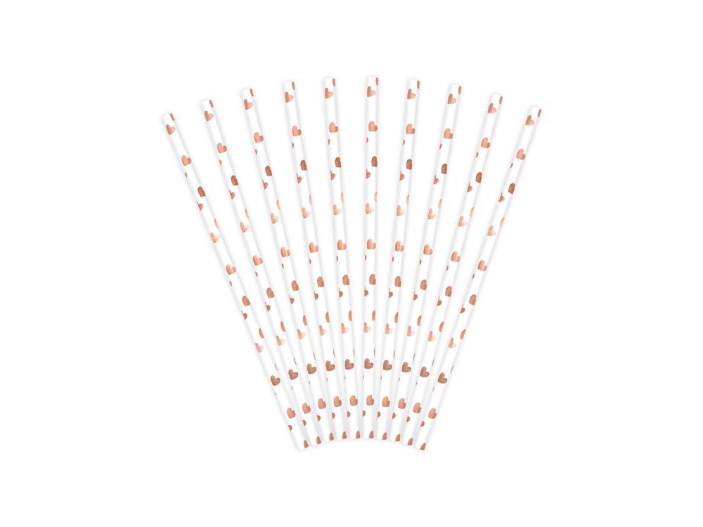 Paper straws - PartyDeco - white, rose-gold hearts, 19.5 cm, 10 pcs.