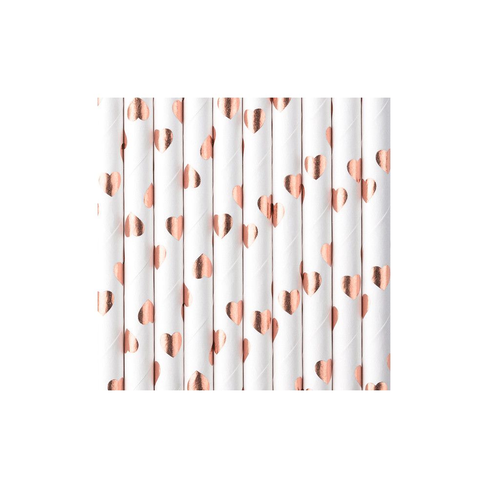 Paper straws - PartyDeco - white, rose-gold hearts, 19.5 cm, 10 pcs.