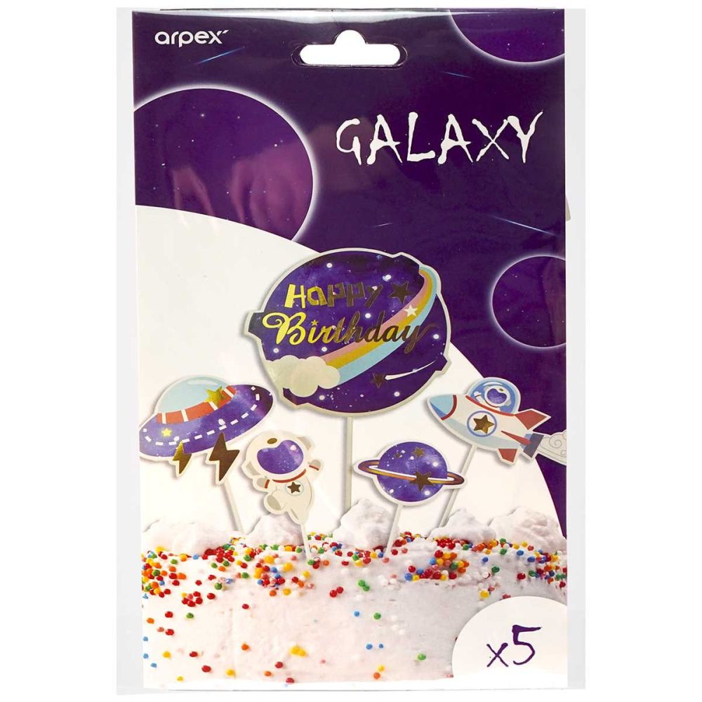 Toppery urodzinowe na tort - Party Time - Galaxy, 5 szt.