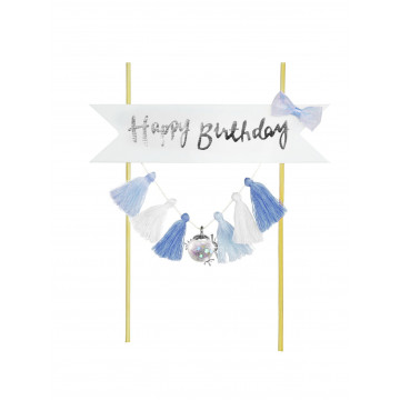 Birthday cake topper - Party Time - Happy Birthday, blue and white