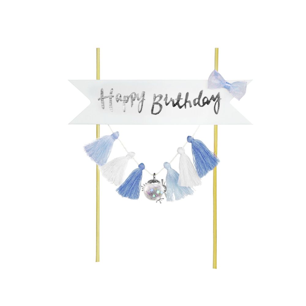 Topper urodzinowy na tort - Party Time - Happy Birthday, niebiesko-biały