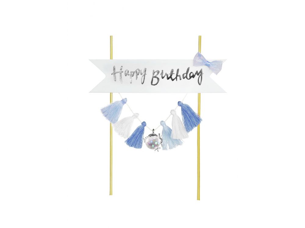 Birthday cake topper - Party Time - Happy Birthday, blue and white