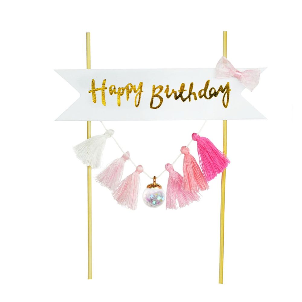 Birthday cake topper - Party Time - Happy Birthday, pink and white