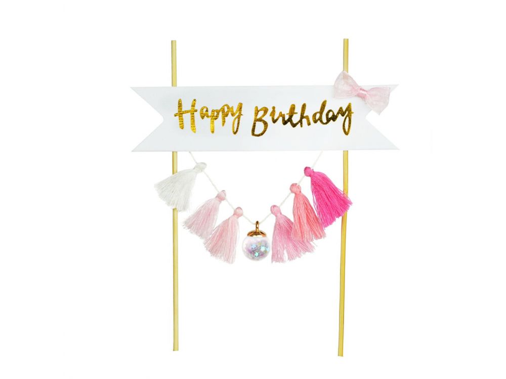 Birthday cake topper - Party Time - Happy Birthday, pink and white