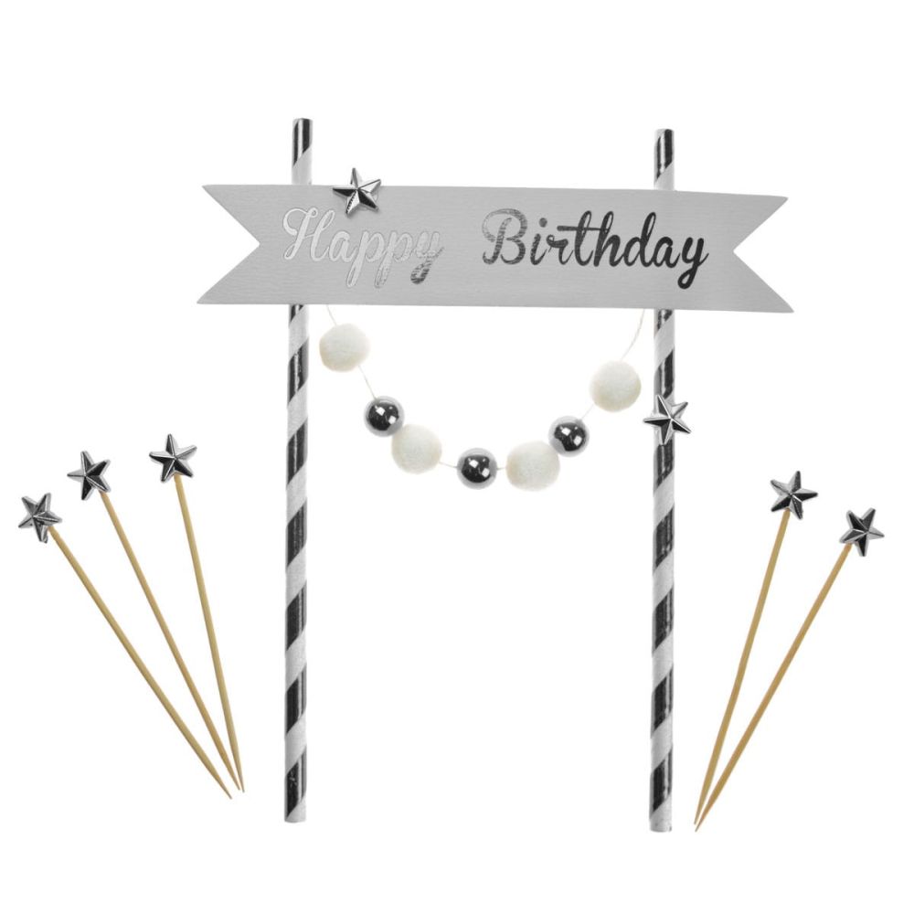 Birthday cake toppers - Party Time - Happy Birthday, silver white, 6 pcs.