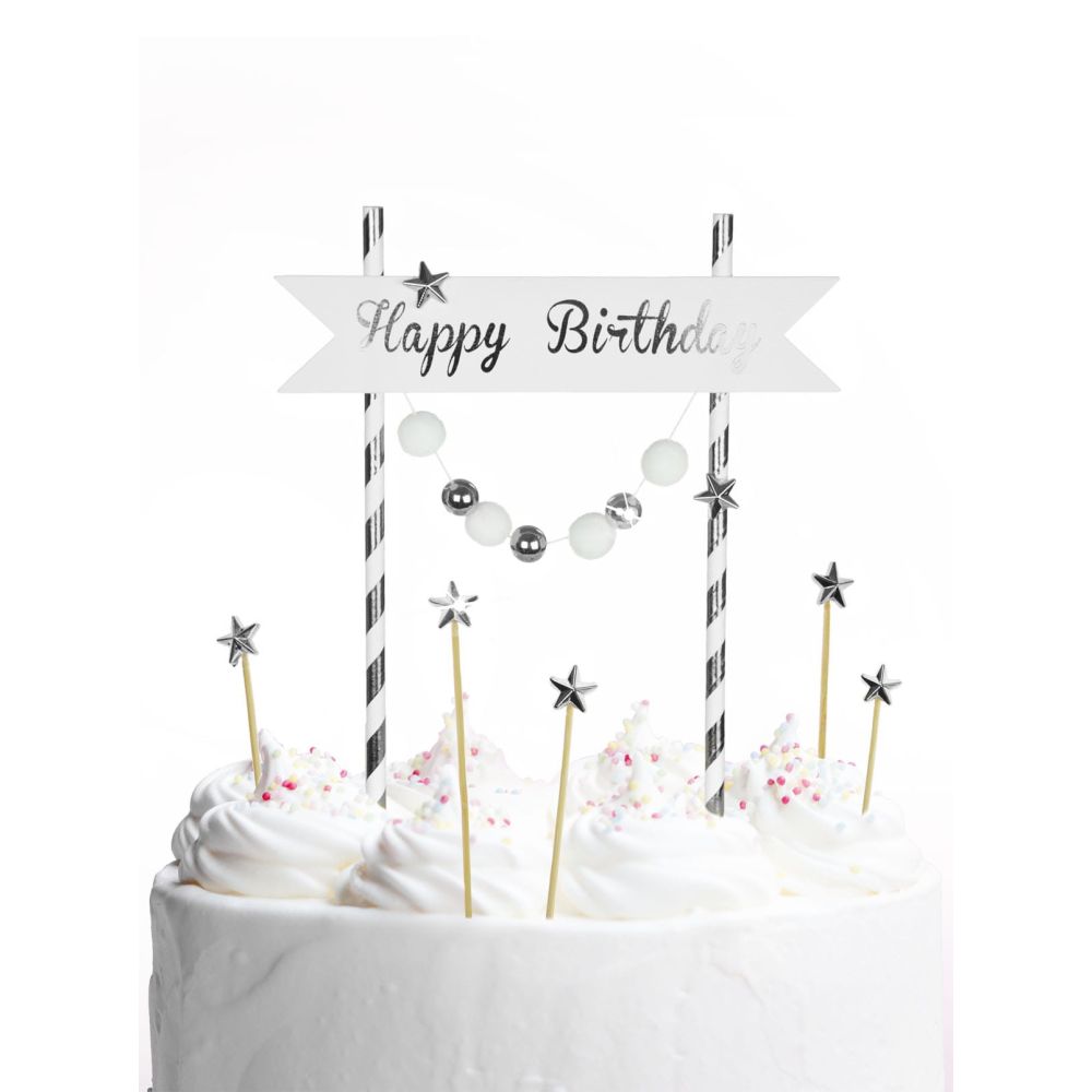 Toppery urodzinowe na tort - Party Time - Happy Birthday, srebrno-białe, 6 szt.