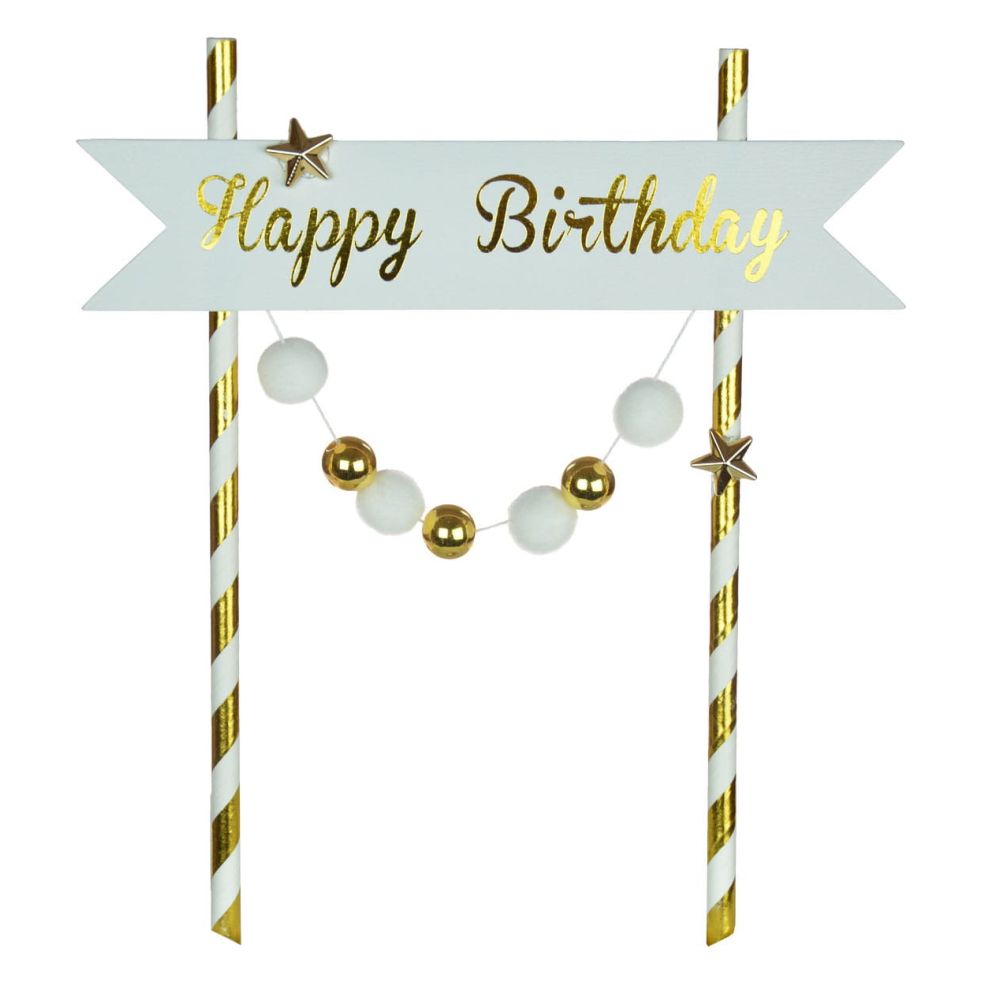 Birthday cake toppers - Party Time - Happy Birthday, gold and white, 6 pcs.