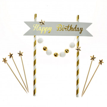 Toppery urodzinowe na tort - Party Time - Happy Birthday, złoto-białe, 6 szt.