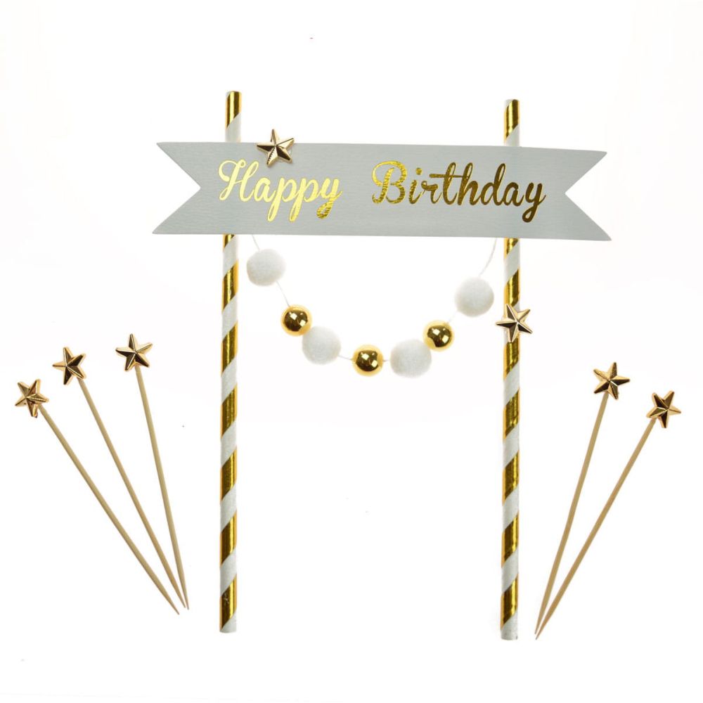 Birthday cake toppers - Party Time - Happy Birthday, gold and white, 6 pcs.