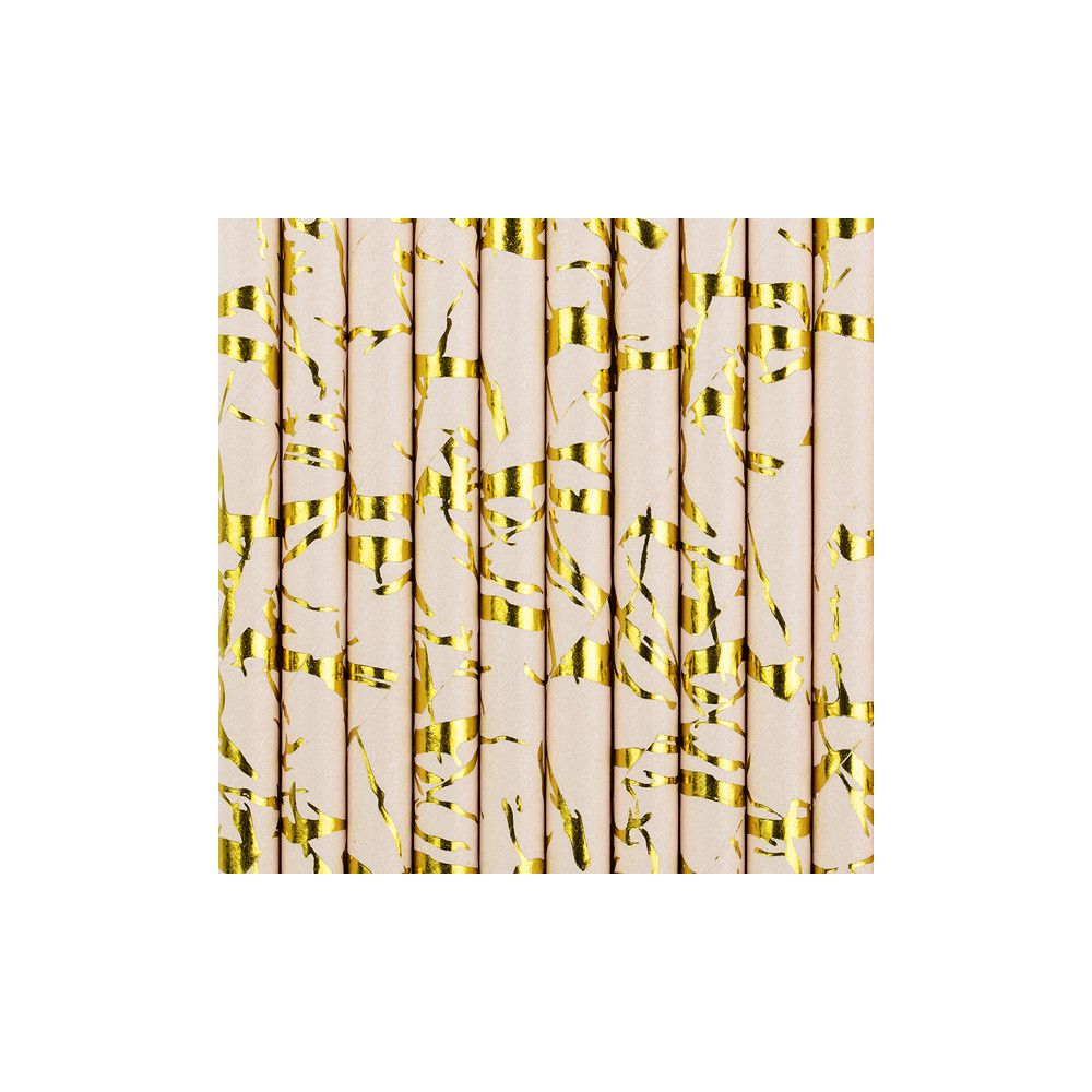 Paper straws - PartyDeco - marble pattern, white and gold, 19.5 cm, 10 pcs.