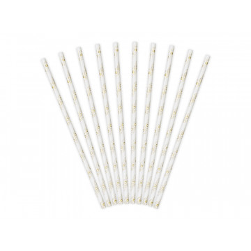 Paper Straws - PartyDeco - Daisies, white and gold, 19.5 cm, 10 pcs.