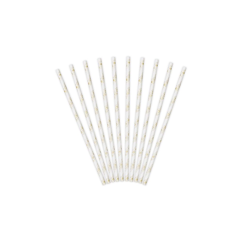 Paper Straws - PartyDeco - Daisies, white and gold, 19.5 cm, 10 pcs.