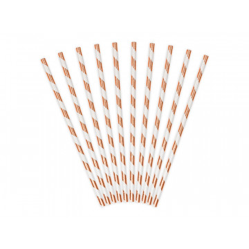 Paper straws - PartyDeco - white, rose-gold, 19.5 cm, 10 pcs.