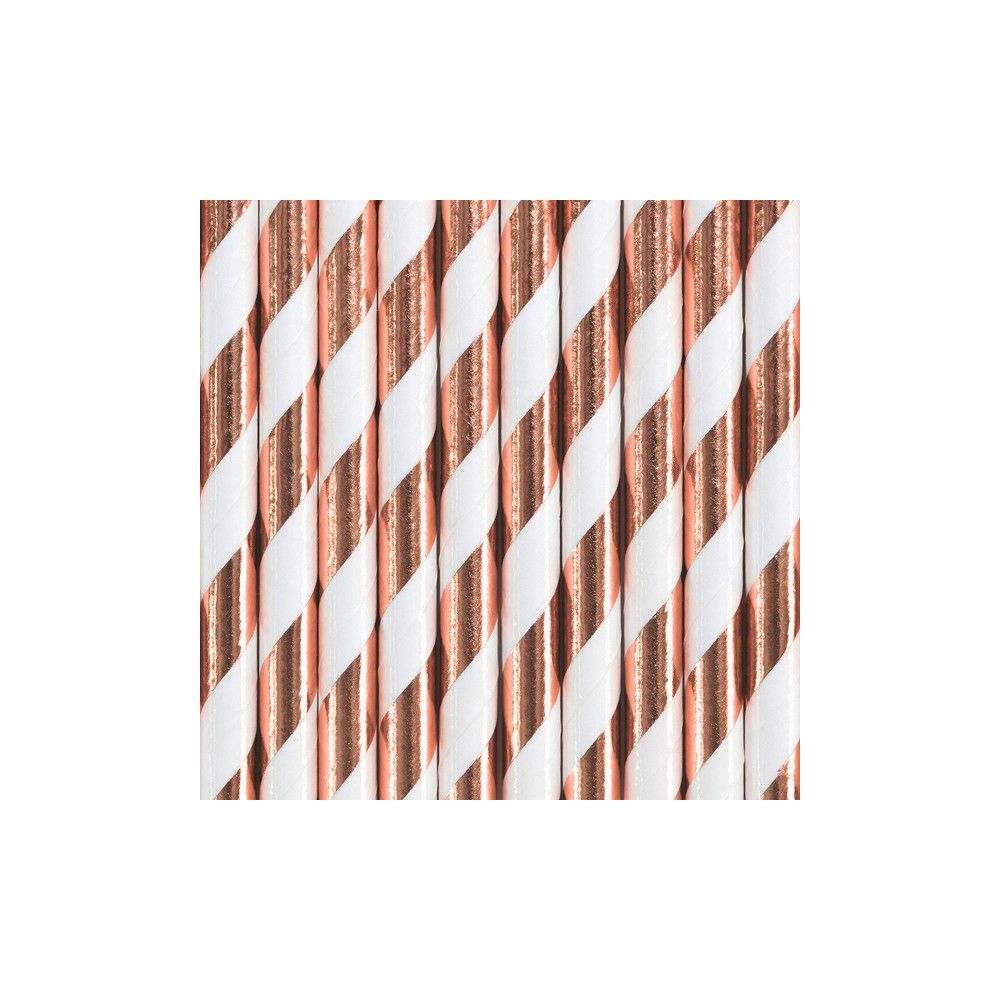 Paper straws - PartyDeco - white, rose-gold, 19.5 cm, 10 pcs.