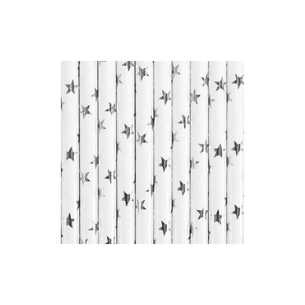 Paper straws - PartyDeco - white, silver stars, 19.5 cm, 10 pcs.