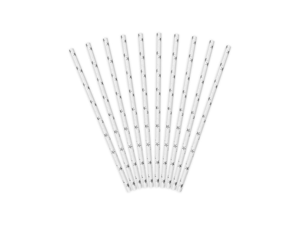 Słomki papierowe - PartyDeco - białe, srebrne gwiazdki, 19,5 cm, 10 szt.