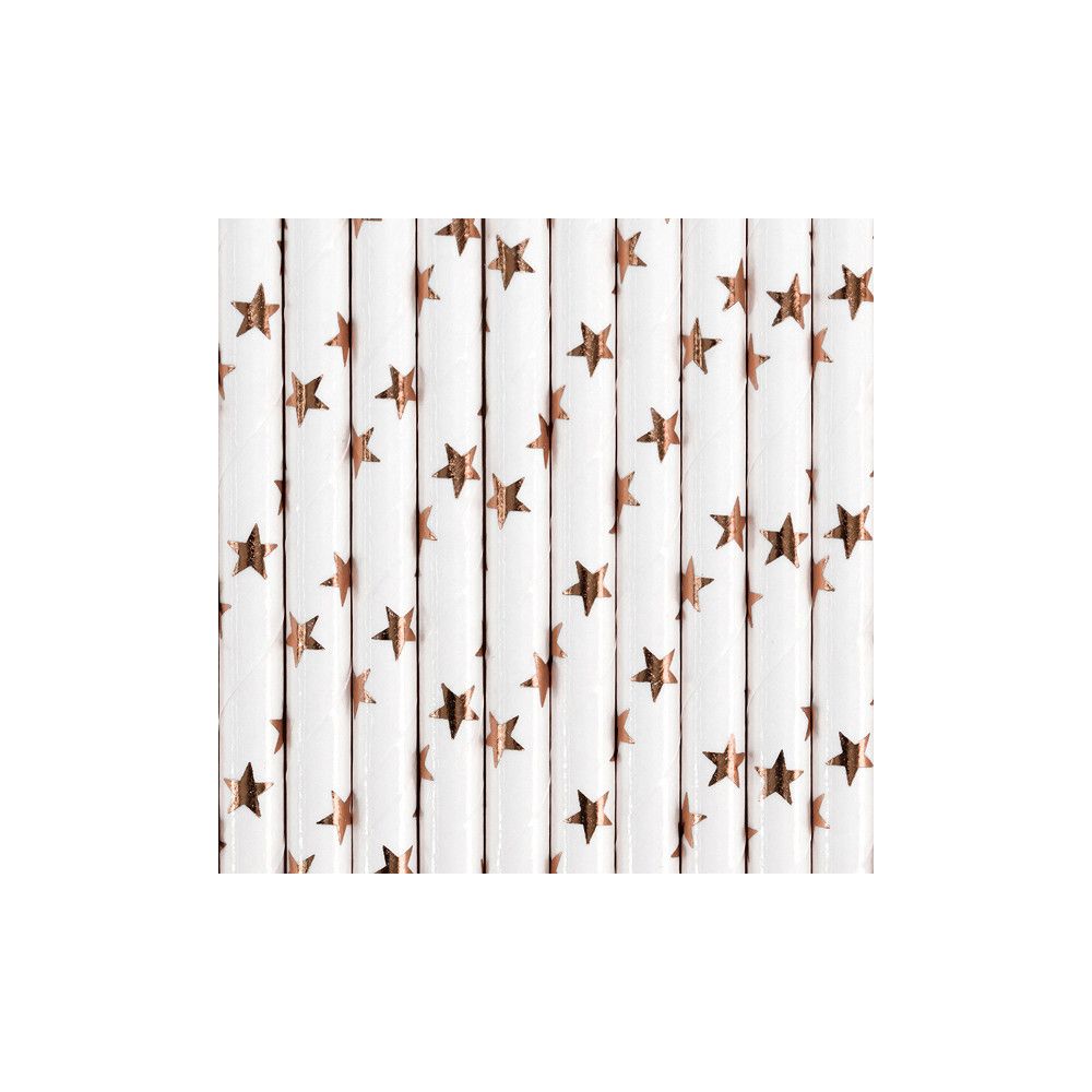 Słomki papierowe - PartyDeco - białe, różowo-złote gwiazdki, 19,5 cm, 10 szt.