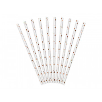 Paper straws - PartyDeco - white, rose-gold stars, 19.5 cm, 10 pcs.