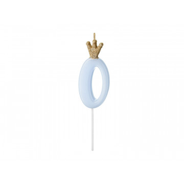 Birthday candle with a crown - PartyDeco - number 0, light blue