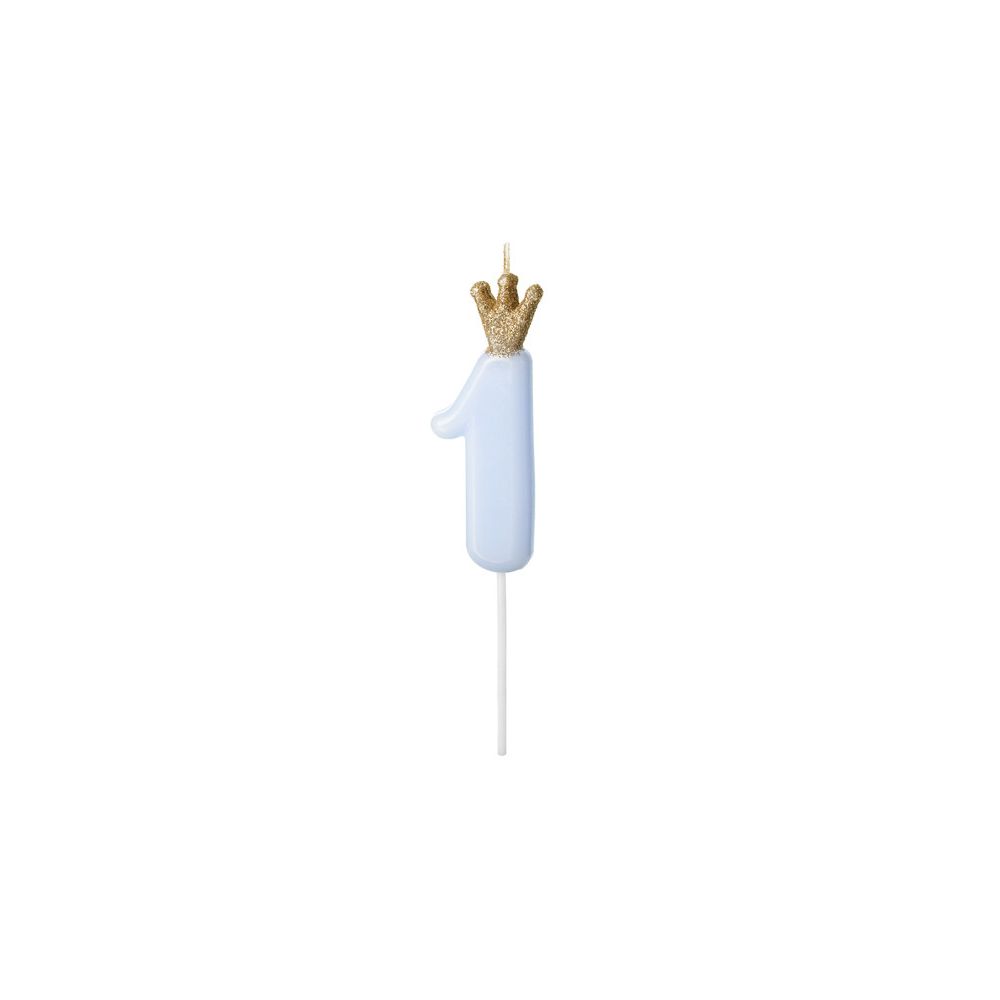 Birthday candle with a crown - PartyDeco - number 1, light blue